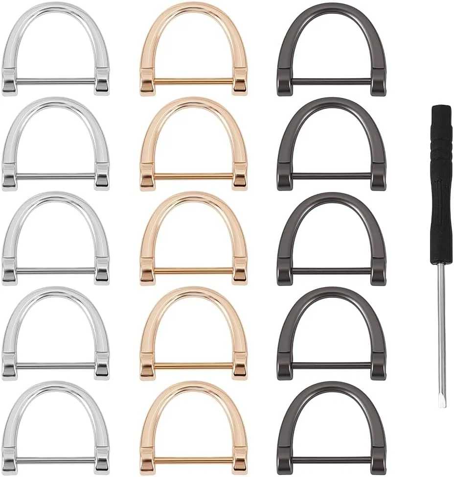 DELORIGIN 33PCS Alloy D Rings 3 Colors 1" Replacement D Ring Screw in Shackle D Hooks with 1pc Mini Screwdriver for Purse Handbag DIY Leather Craft Leash Keychain Accessories (Gold,Sliver,Black)