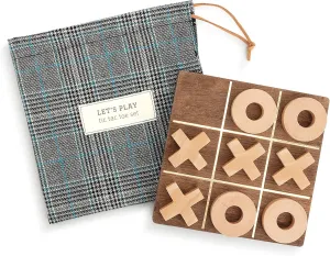 DEMDACO Let's Play Tic-Tac-Toe Blue Plaid 6 x 6 Wood Travel Game Bag Set