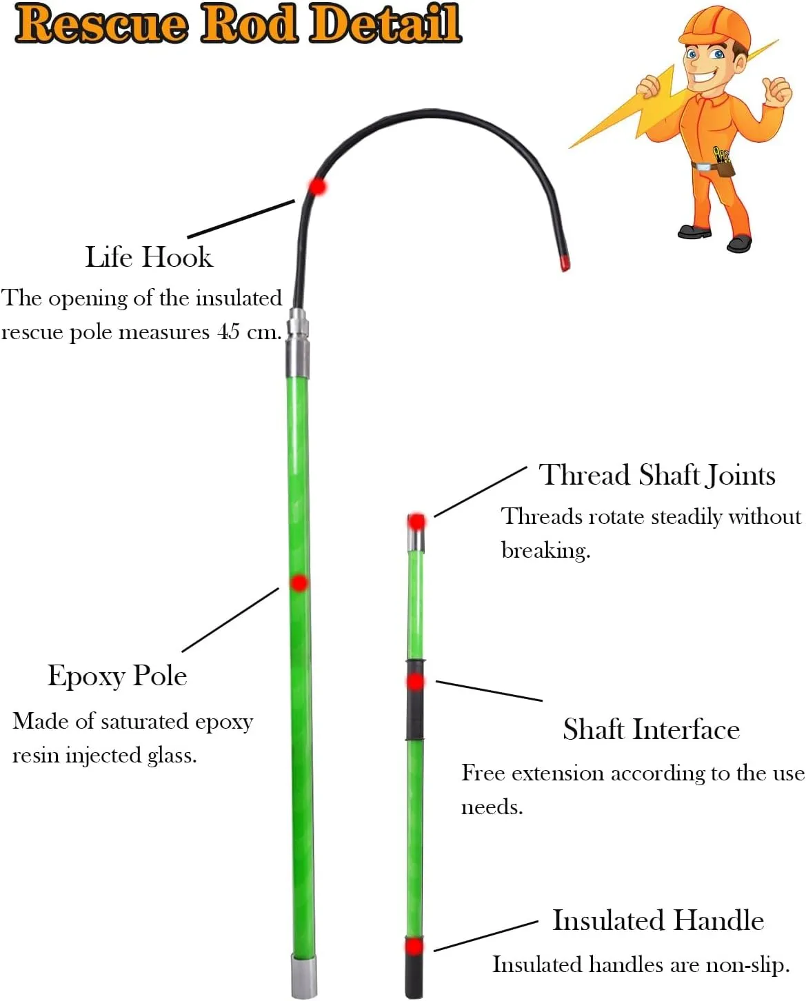 Detachable Insulated Rescue Hooks for Emergency Electrocution, High Voltage Life Hook with 3 10 6 5 Feet Rescue Pole, Electrical Safety Emergency Life-Saving Tools(RedX4,1m/39.4in)