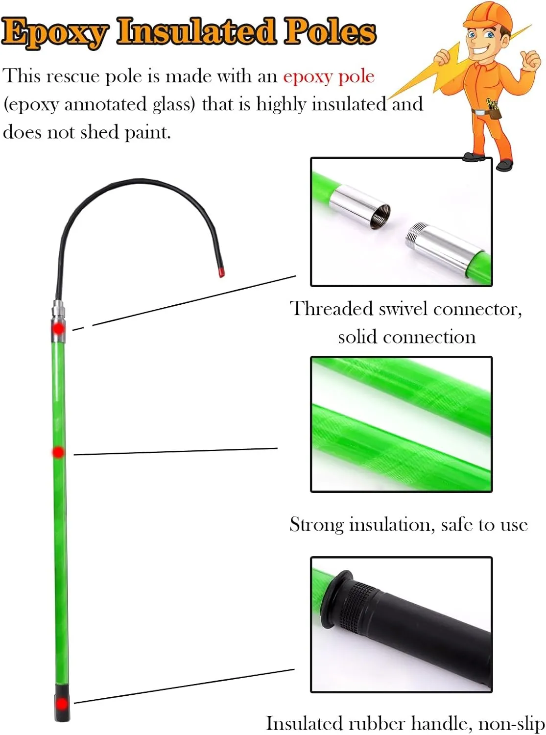 Detachable Insulated Rescue Hooks for Emergency Electrocution, High Voltage Life Hook with 3 10 6 5 Feet Rescue Pole, Electrical Safety Emergency Life-Saving Tools(RedX4,1m/39.4in)