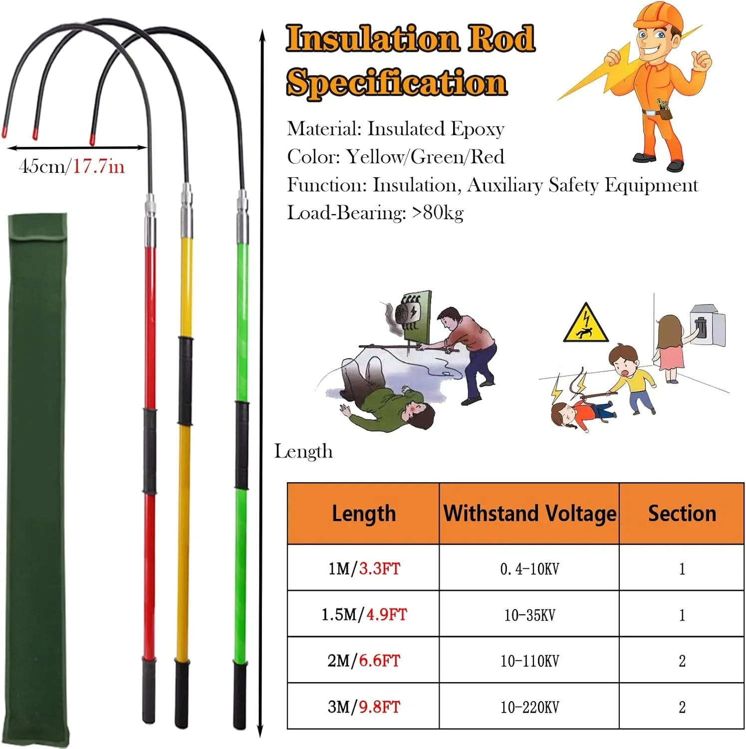 Detachable Insulated Rescue Hooks for Emergency Electrocution, High Voltage Life Hook with 3 10 6 5 Feet Rescue Pole, Electrical Safety Emergency Life-Saving Tools(RedX4,1m/39.4in)