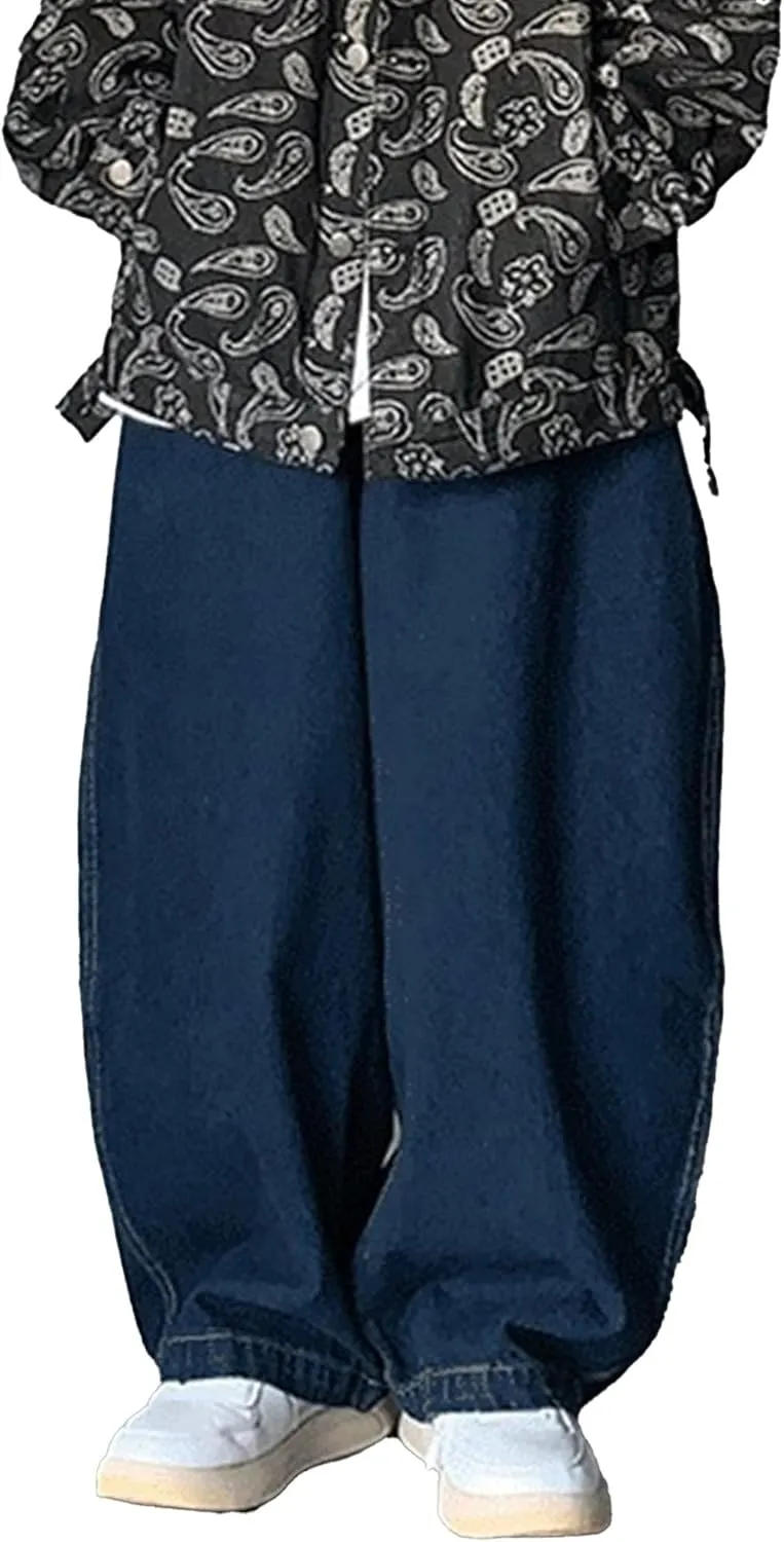 DGHM-JLMY Men's Retro Plus Size Casual Wide-Leg Jeans Baggy Hip Hop Streetwear Denim Pants Elastic Waist Loose Fit Jeans