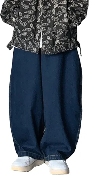 DGHM-JLMY Men's Retro Plus Size Casual Wide-Leg Jeans Baggy Hip Hop Streetwear Denim Pants Elastic Waist Loose Fit Jeans
