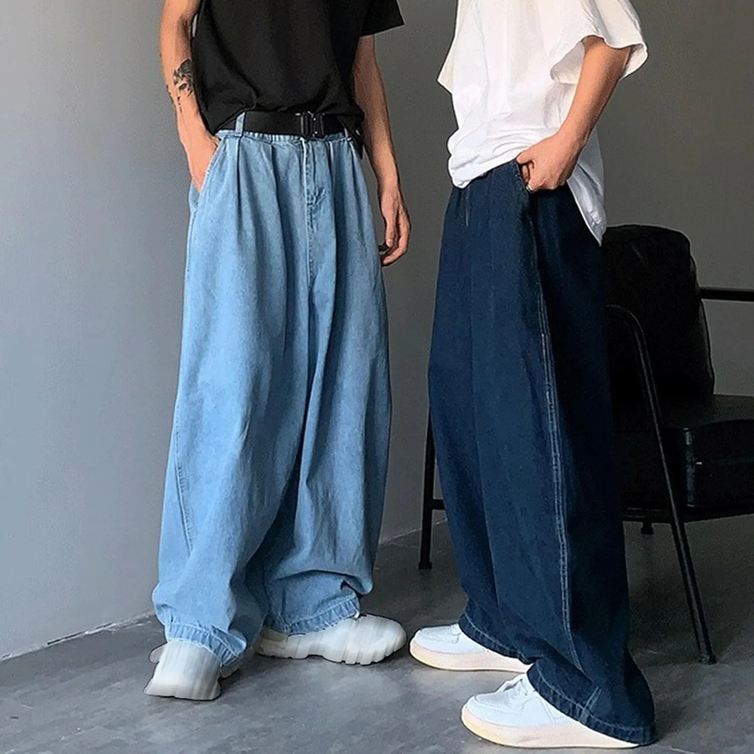 DGHM-JLMY Men's Retro Plus Size Casual Wide-Leg Jeans Baggy Hip Hop Streetwear Denim Pants Elastic Waist Loose Fit Jeans