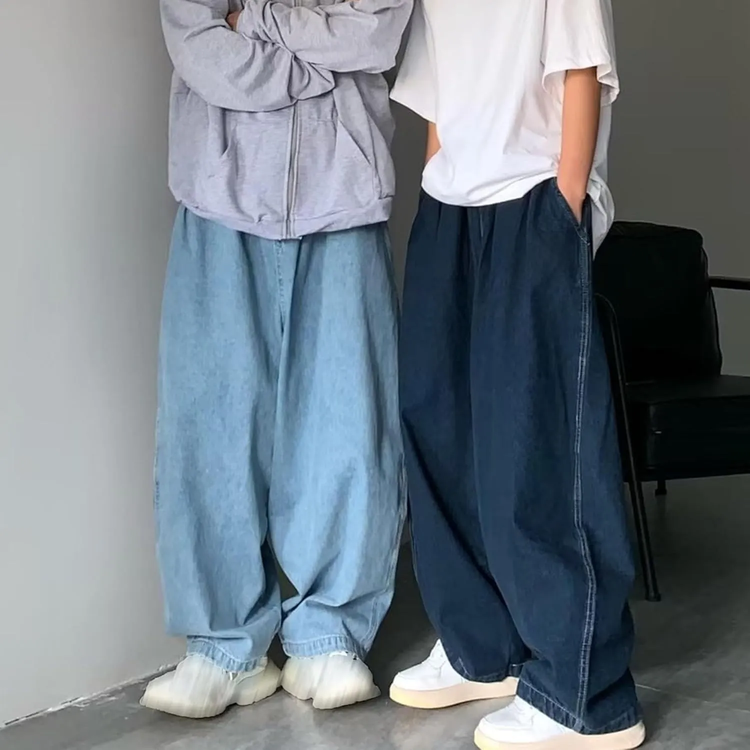 DGHM-JLMY Men's Retro Plus Size Casual Wide-Leg Jeans Baggy Hip Hop Streetwear Denim Pants Elastic Waist Loose Fit Jeans