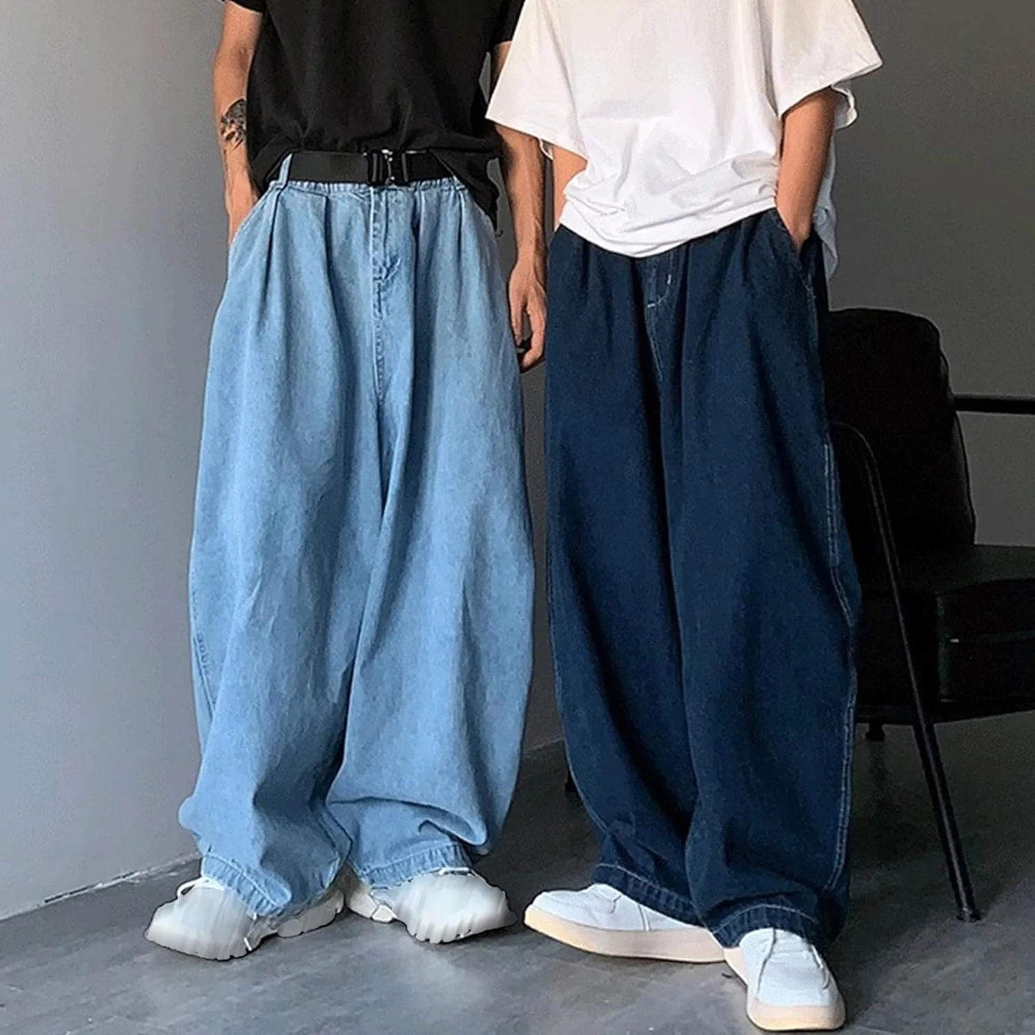 DGHM-JLMY Men's Retro Plus Size Casual Wide-Leg Jeans Baggy Hip Hop Streetwear Denim Pants Elastic Waist Loose Fit Jeans