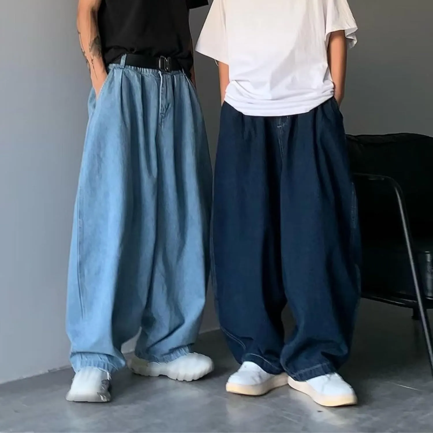 DGHM-JLMY Men's Retro Plus Size Casual Wide-Leg Jeans Baggy Hip Hop Streetwear Denim Pants Elastic Waist Loose Fit Jeans