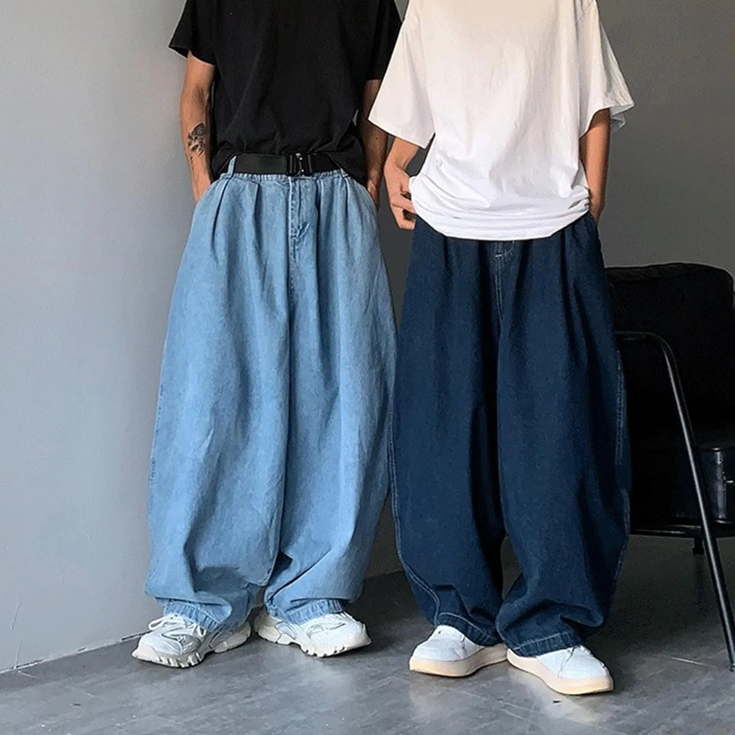 DGHM-JLMY Men's Retro Plus Size Casual Wide-Leg Jeans Baggy Hip Hop Streetwear Denim Pants Elastic Waist Loose Fit Jeans