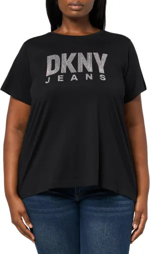 DKNY Women's Short Sleeve V Neck Tee with Logo Patch