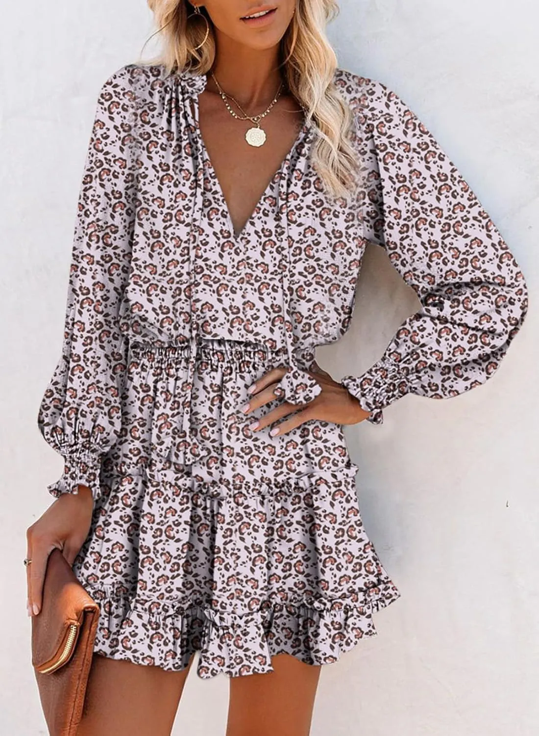 Dokotoo Summer Dresses for Women 2025 Boho Floral Drawstring V Neck Smocked Long Sleeve Ruffle Tiered Chiffon Mini Dress