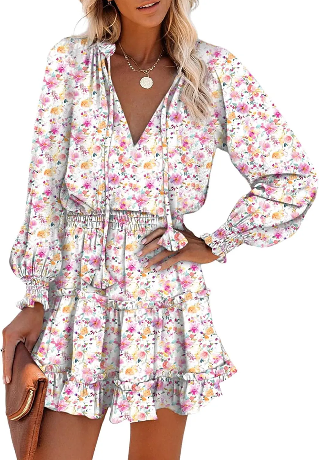 Dokotoo Summer Dresses for Women 2025 Boho Floral Drawstring V Neck Smocked Long Sleeve Ruffle Tiered Chiffon Mini Dress