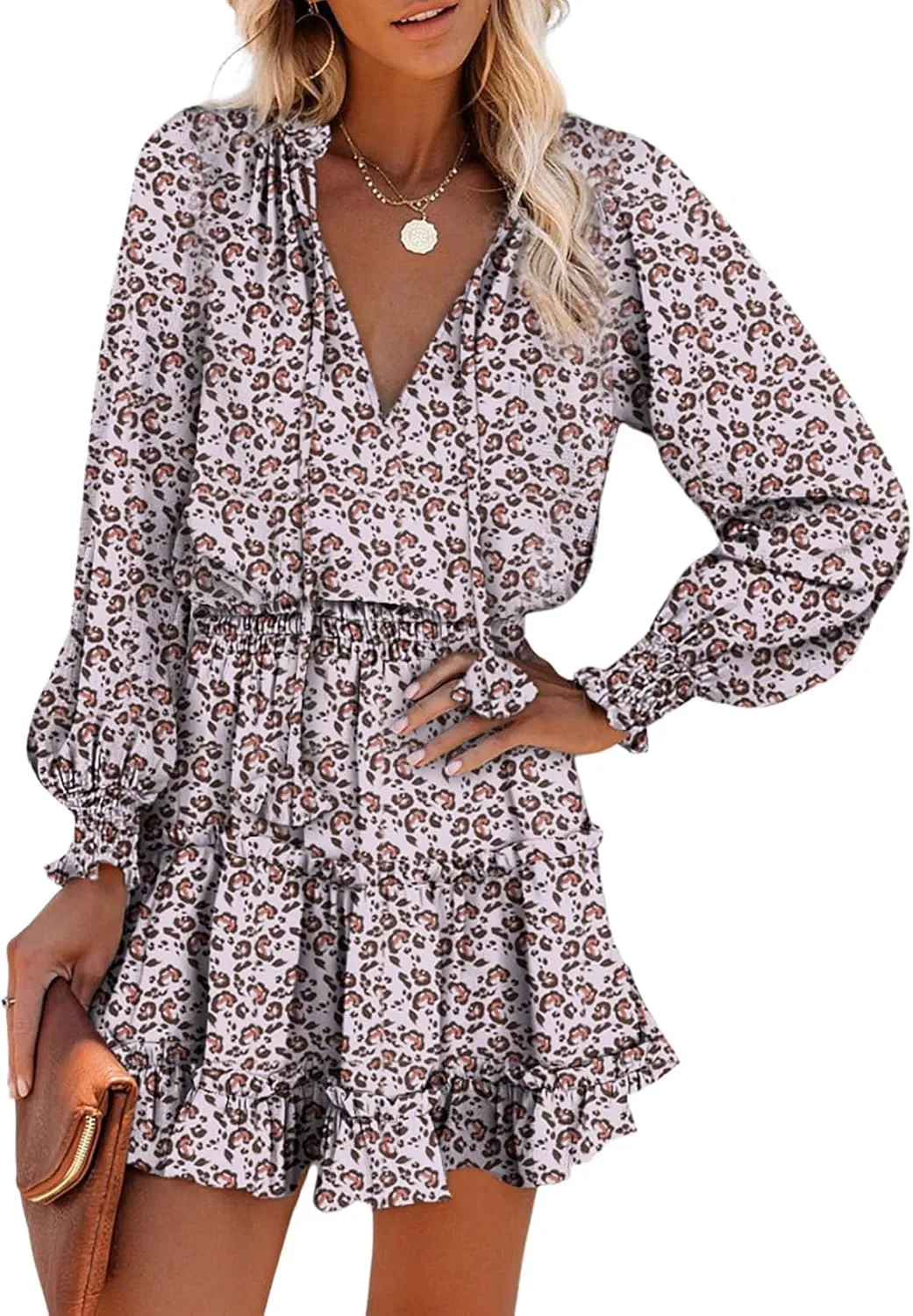 Dokotoo Summer Dresses for Women 2025 Boho Floral Drawstring V Neck Smocked Long Sleeve Ruffle Tiered Chiffon Mini Dress