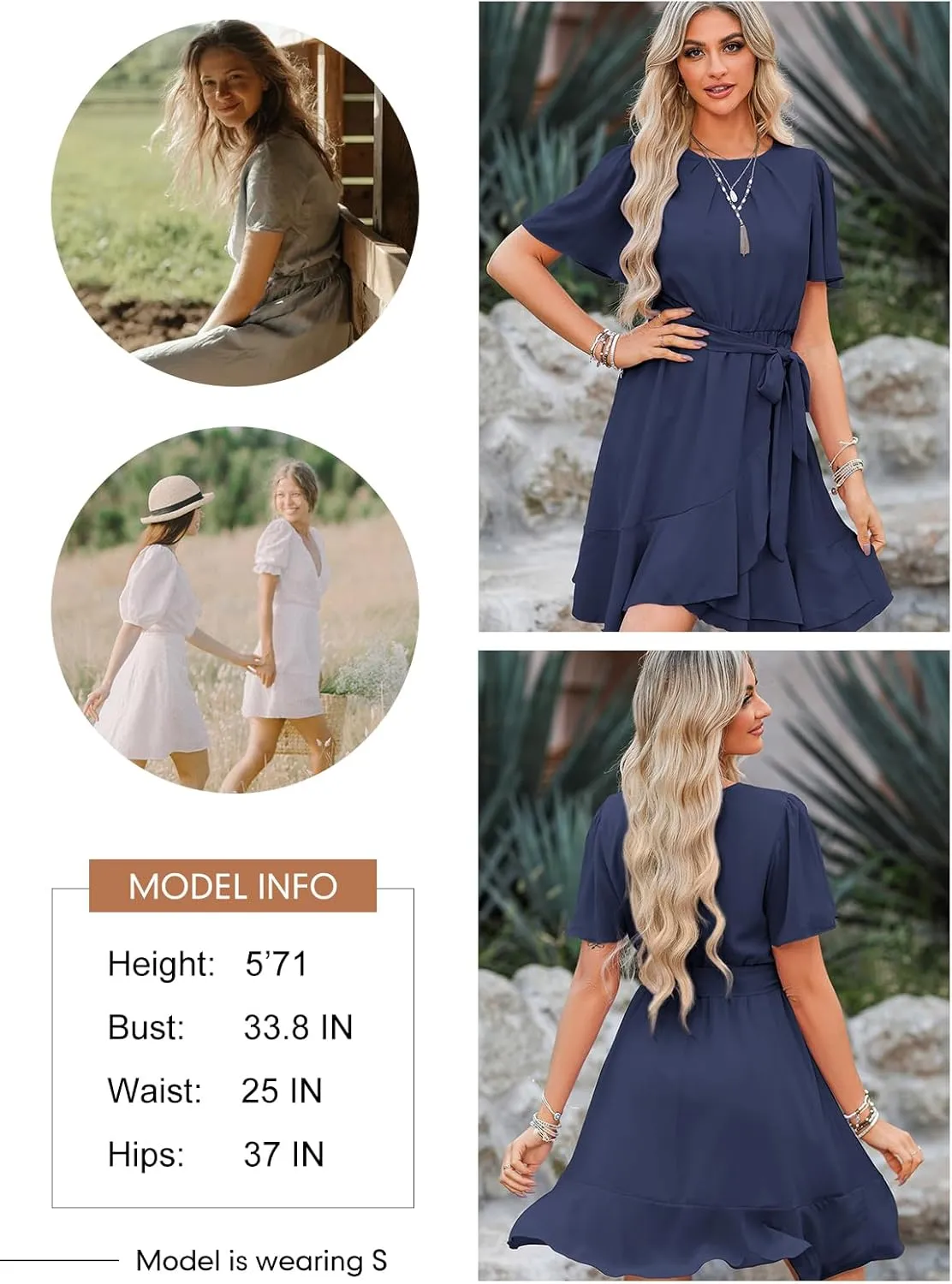 Dokotoo Womens Summer Dresses 2025 Crewneck Short Sleeve Waist Tie Ruffle Casual Chiffon A-Line Swing Mini Dress