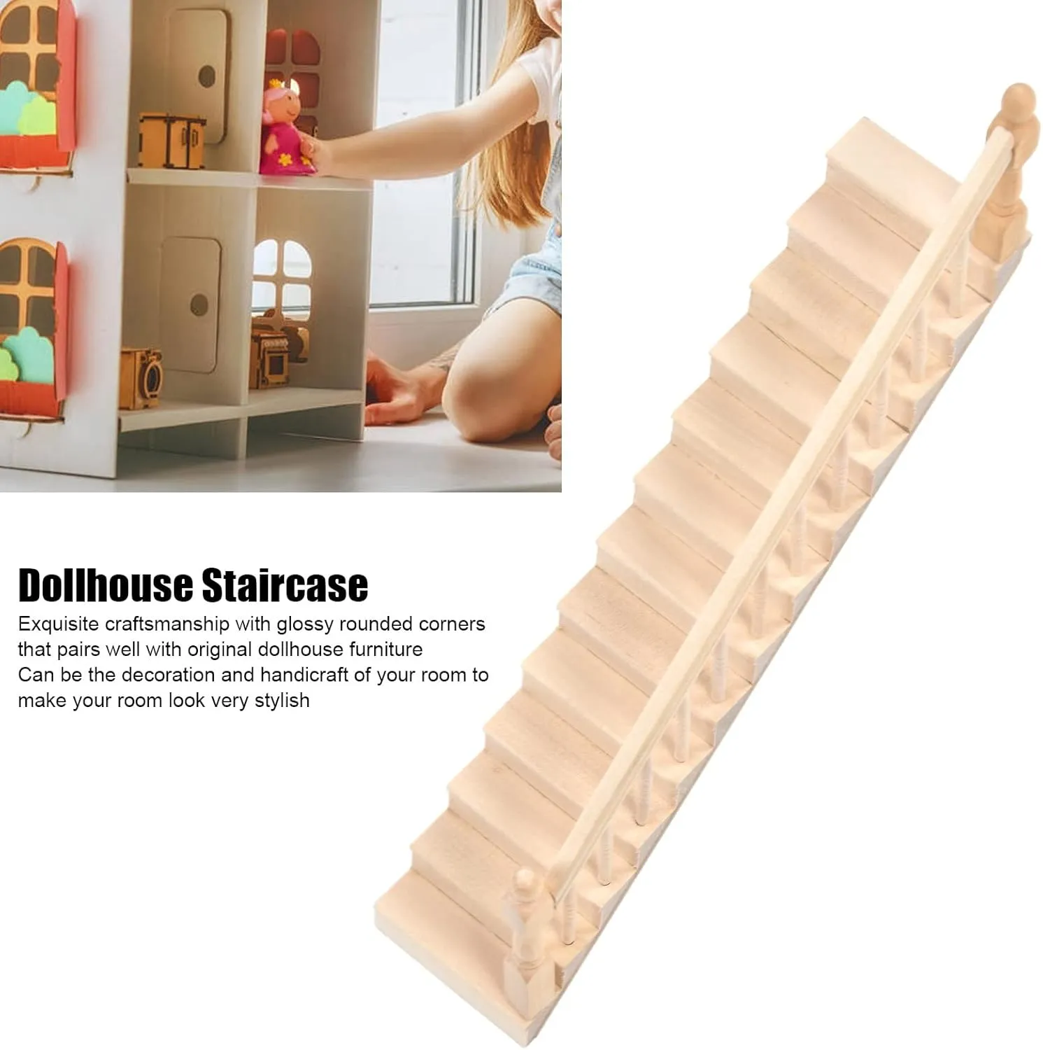 Doll House Stairs, DIY Miniature Staircase Doll House Birch Glossy Rounded Corners Vivid Cute Crafts Attractive Decor for Girls (Right armrest)