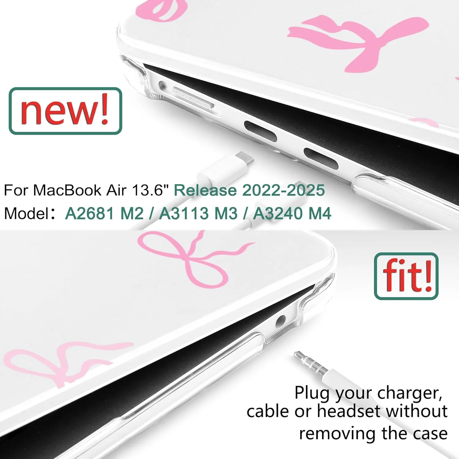 DONGKE for M4 MacBook Air 13.6 Inch Case 2025 2024 2023 2022 Model A3240 A3113 A2681 M3 M2 Chip, Plastic Hard Shell Case Cover with Touch ID for MacBook Air 13 Inch M4 - Pink Bows