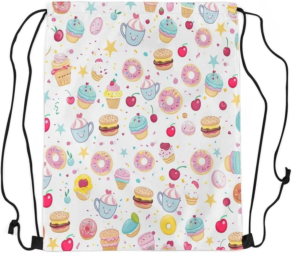 Doughnut Cup Cake Waterproof Drawstring Bag,Afternoon Tea Theme Backpack for Shopping Travelling,Cute Cherry Fruit Sackpacks Gym Pack