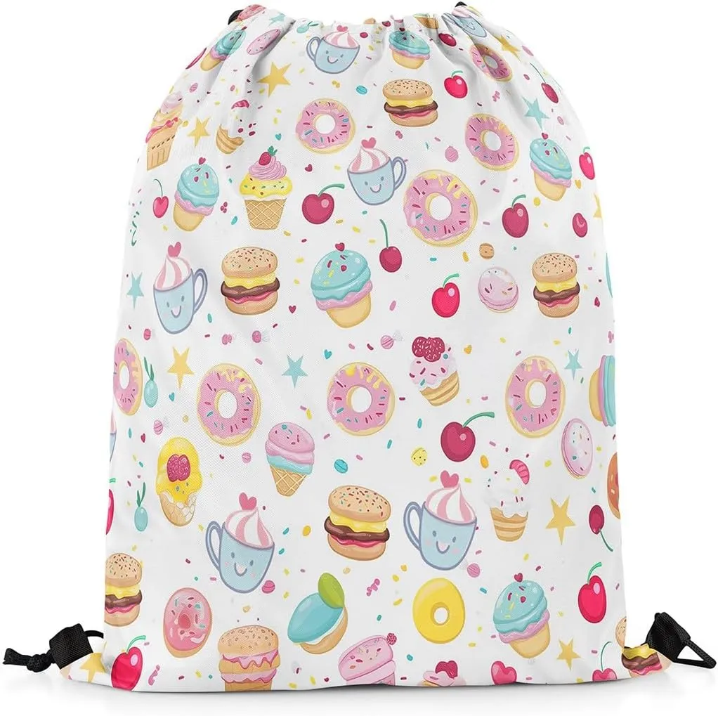 Doughnut Cup Cake Waterproof Drawstring Bag,Afternoon Tea Theme Backpack for Shopping Travelling,Cute Cherry Fruit Sackpacks Gym Pack