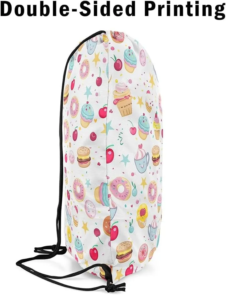 Doughnut Cup Cake Waterproof Drawstring Bag,Afternoon Tea Theme Backpack for Shopping Travelling,Cute Cherry Fruit Sackpacks Gym Pack