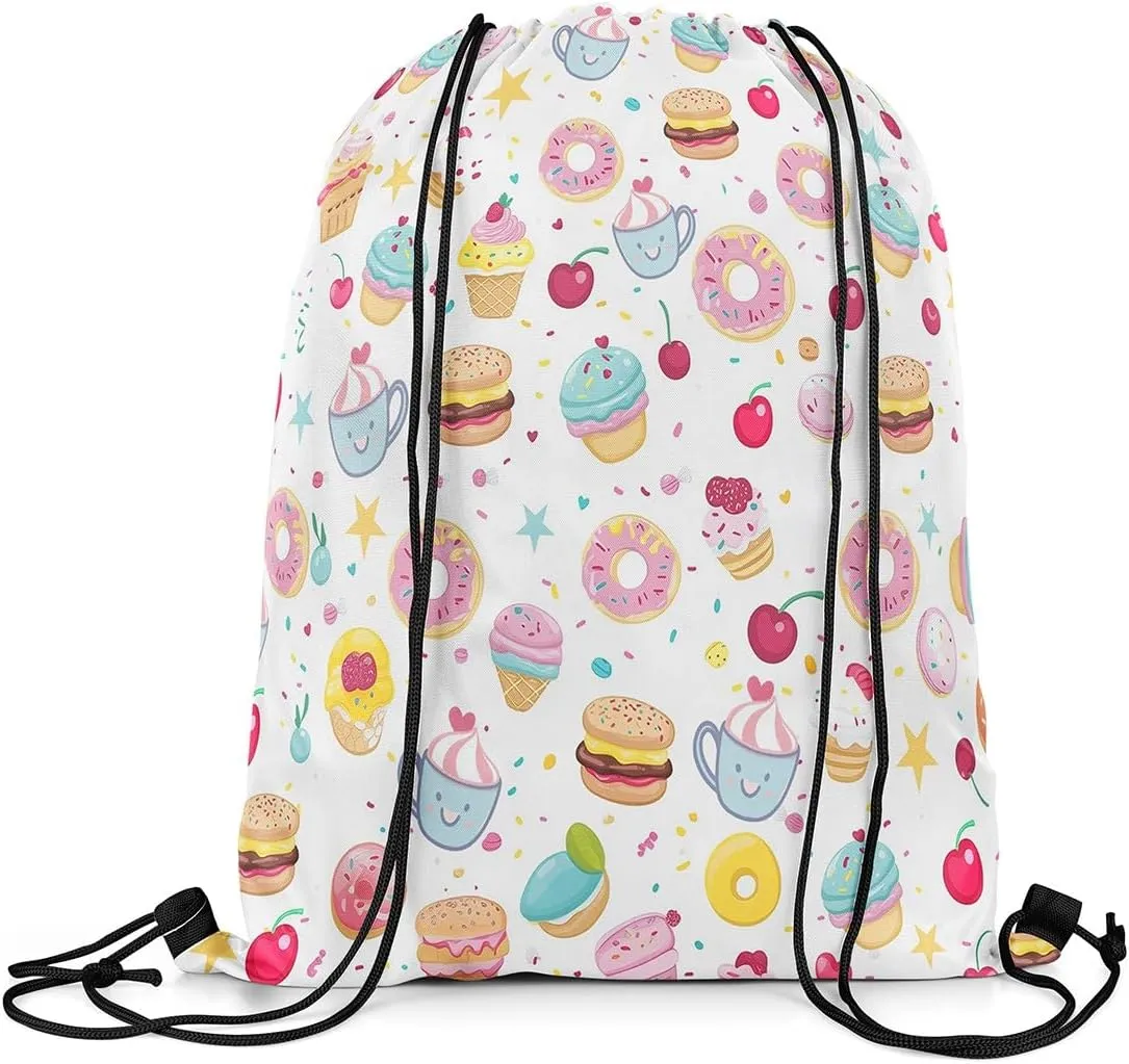Doughnut Cup Cake Waterproof Drawstring Bag,Afternoon Tea Theme Backpack for Shopping Travelling,Cute Cherry Fruit Sackpacks Gym Pack