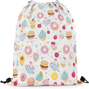 Doughnut Cup Cake Waterproof Drawstring Bag,Afternoon Tea Theme Backpack for Shopping Travelling,Cute Cherry Fruit Sackpacks Gym Pack