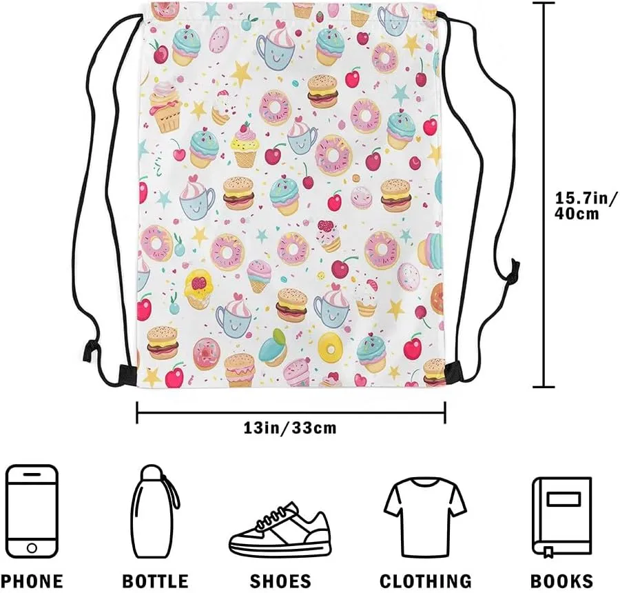 Doughnut Cup Cake Waterproof Drawstring Bag,Afternoon Tea Theme Backpack for Shopping Travelling,Cute Cherry Fruit Sackpacks Gym Pack