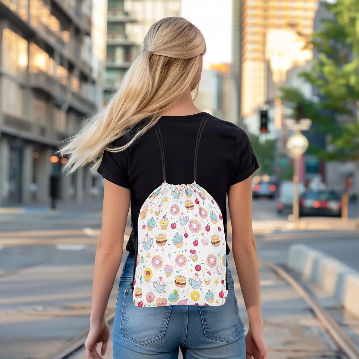 Doughnut Cup Cake Waterproof Drawstring Bag,Afternoon Tea Theme Backpack for Shopping Travelling,Cute Cherry Fruit Sackpacks Gym Pack