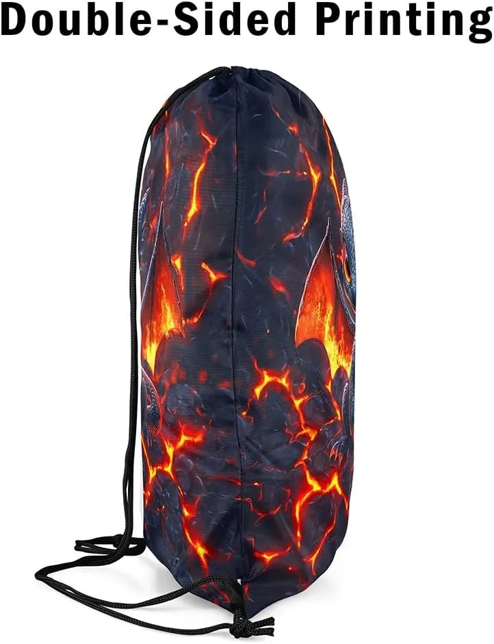 Dragon Drawstring Backpack,Volcano Eruption 3D Red Lava Flame Print Drawstring Bag,Cute Black Dragon Mystic Animal Natural Disaster Draw String Bag Gym Packs Large Capacity,Lightweight