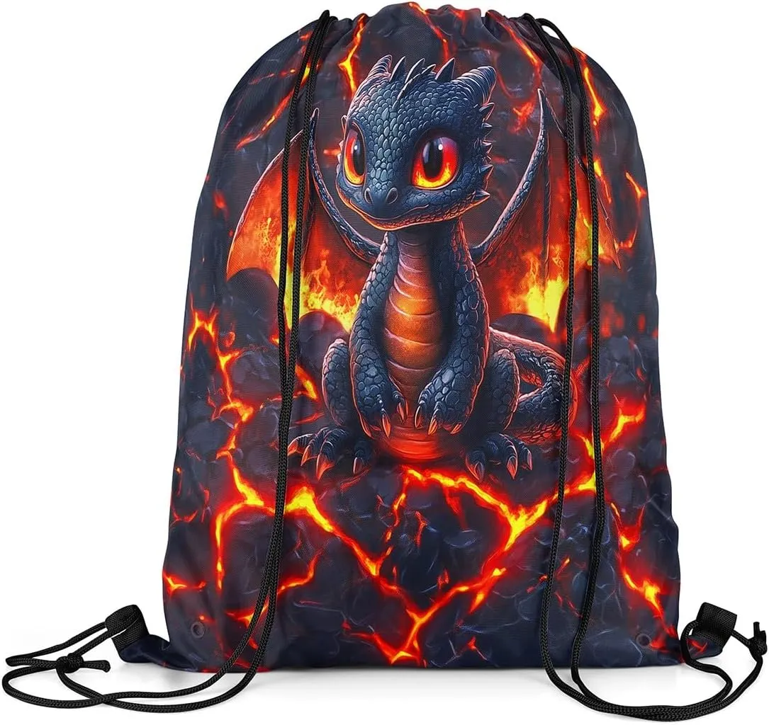 Dragon Drawstring Backpack,Volcano Eruption 3D Red Lava Flame Print Drawstring Bag,Cute Black Dragon Mystic Animal Natural Disaster Draw String Bag Gym Packs Large Capacity,Lightweight