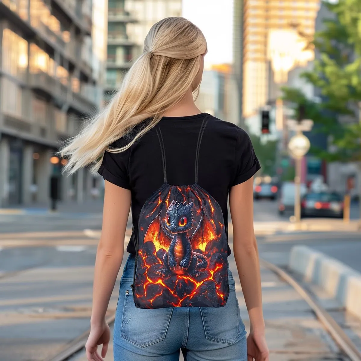 Dragon Drawstring Backpack,Volcano Eruption 3D Red Lava Flame Print Drawstring Bag,Cute Black Dragon Mystic Animal Natural Disaster Draw String Bag Gym Packs Large Capacity,Lightweight