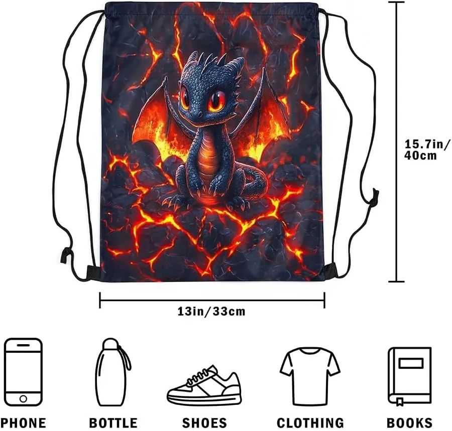 Dragon Drawstring Backpack,Volcano Eruption 3D Red Lava Flame Print Drawstring Bag,Cute Black Dragon Mystic Animal Natural Disaster Draw String Bag Gym Packs Large Capacity,Lightweight
