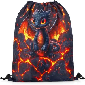 Dragon Drawstring Backpack,Volcano Eruption 3D Red Lava Flame Print Drawstring Bag,Cute Black Dragon Mystic Animal Natural Disaster Draw String Bag Gym Packs Large Capacity,Lightweight