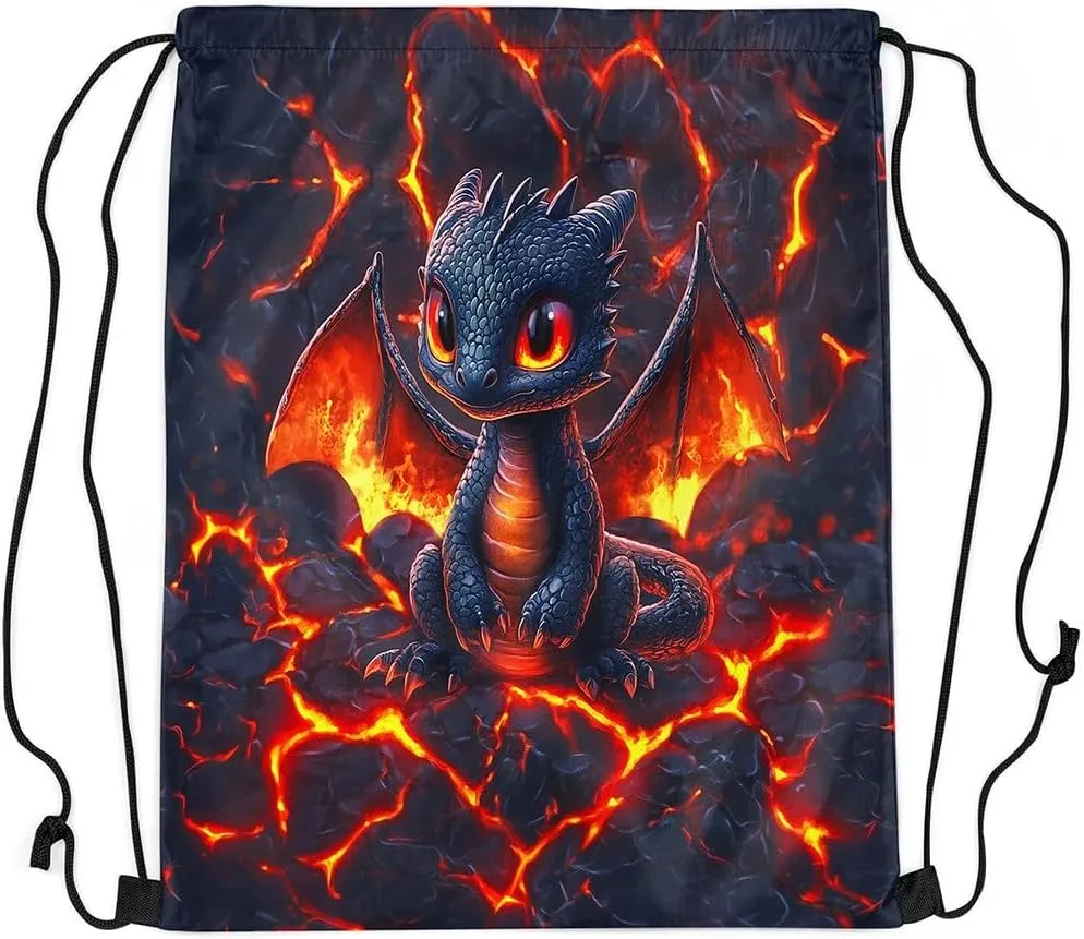Dragon Drawstring Backpack,Volcano Eruption 3D Red Lava Flame Print Drawstring Bag,Cute Black Dragon Mystic Animal Natural Disaster Draw String Bag Gym Packs Large Capacity,Lightweight