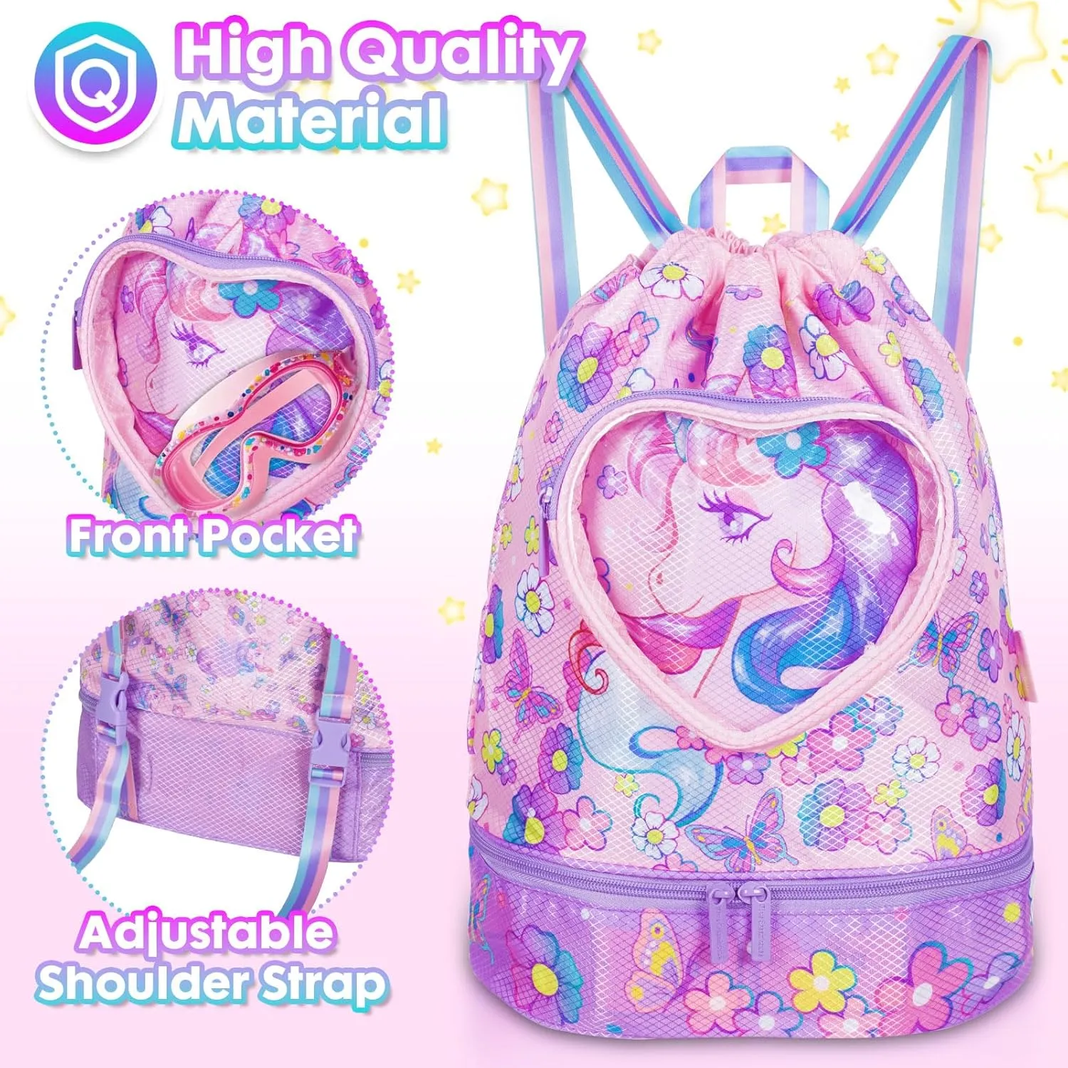 Drawstring Backpack for Kids Girls, Cute Cartoon Unicorn Waterproof Drawstring Bag String Swim Gym Sports Beach Bag with Shoes Compartment and Wet Proof Pocket