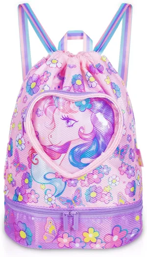 Drawstring Backpack for Kids Girls, Cute Cartoon Unicorn Waterproof Drawstring Bag String Swim Gym Sports Beach Bag with Shoes Compartment and Wet Proof Pocket