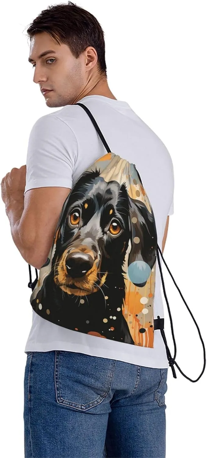 Drawstring Backpack Gym Bag Cinch Bag Draw String Back Bag Colorful Polka Dots and Dog Drawstring Bags for Travel