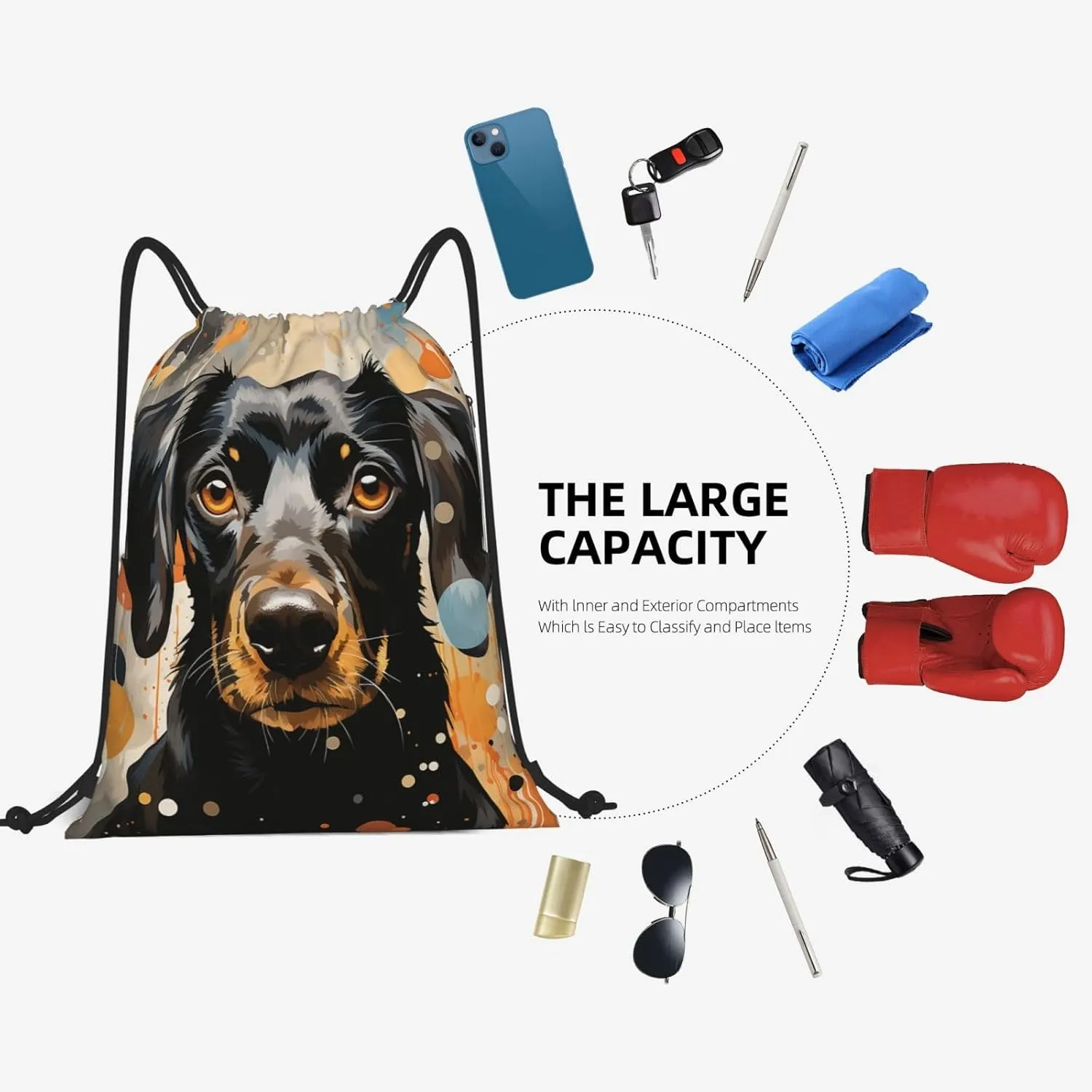 Drawstring Backpack Gym Bag Cinch Bag Draw String Back Bag Colorful Polka Dots and Dog Drawstring Bags for Travel
