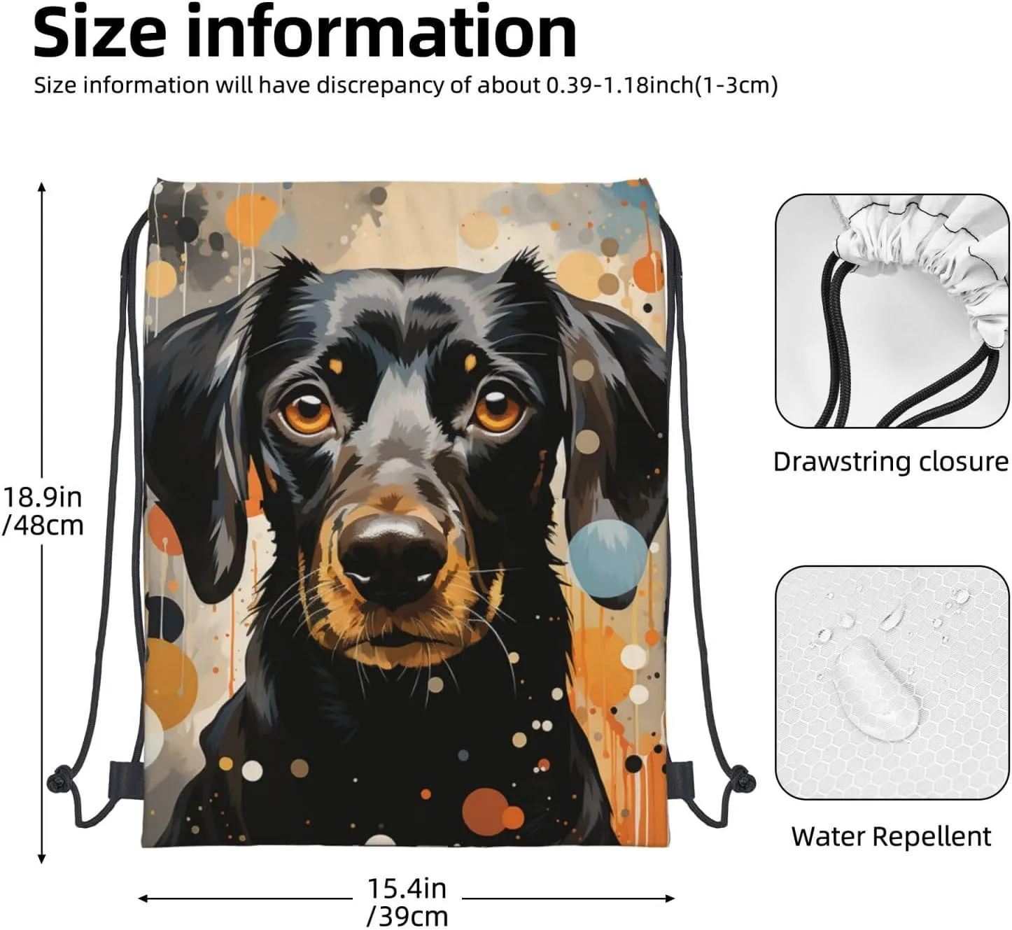 Drawstring Backpack Gym Bag Cinch Bag Draw String Back Bag Colorful Polka Dots and Dog Drawstring Bags for Travel
