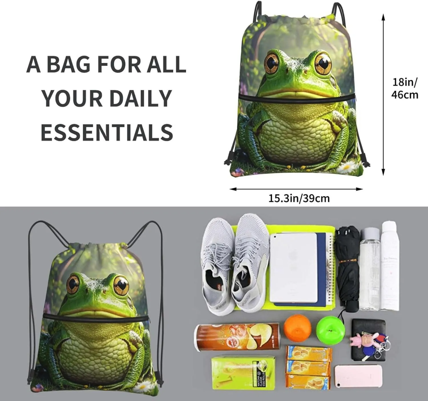 Drawstring Backpack Resistant Sackpack frog Sports Gym Bag String Bag for Women Men