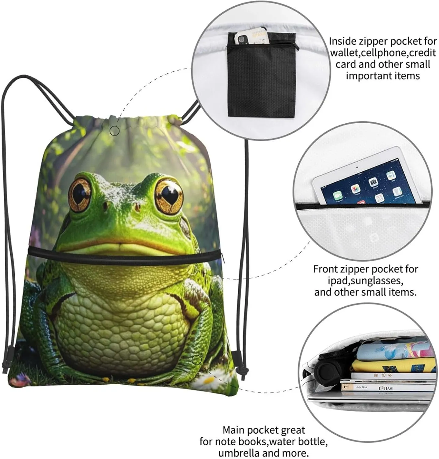 Drawstring Backpack Resistant Sackpack frog Sports Gym Bag String Bag for Women Men