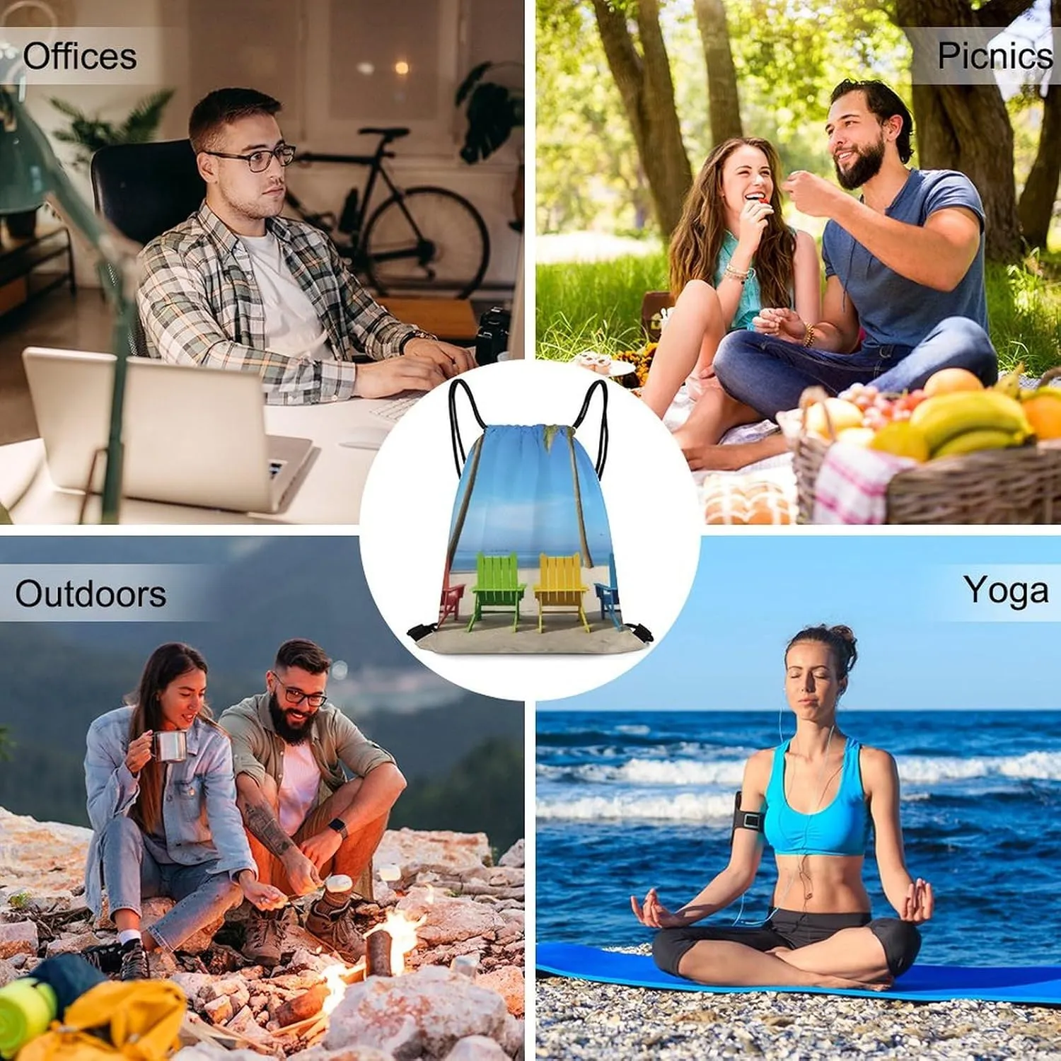 Drawstring Backpack Sport Gym Bag Water Resistant Sackpack Colorful Chairs Palm Tree Cinch Bag String Bag for Outdoor, 35*42cm