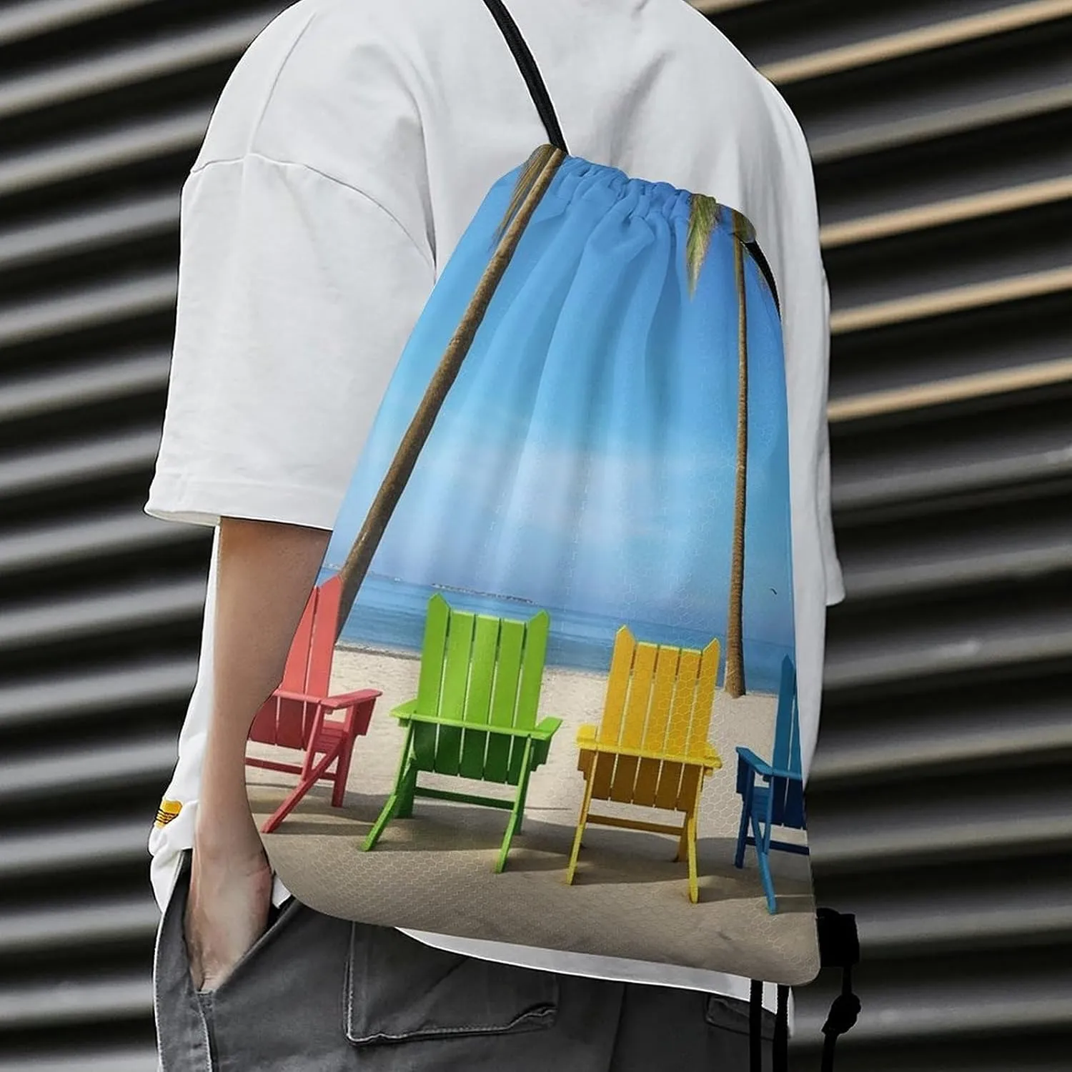 Drawstring Backpack Sport Gym Bag Water Resistant Sackpack Colorful Chairs Palm Tree Cinch Bag String Bag for Outdoor, 35*42cm
