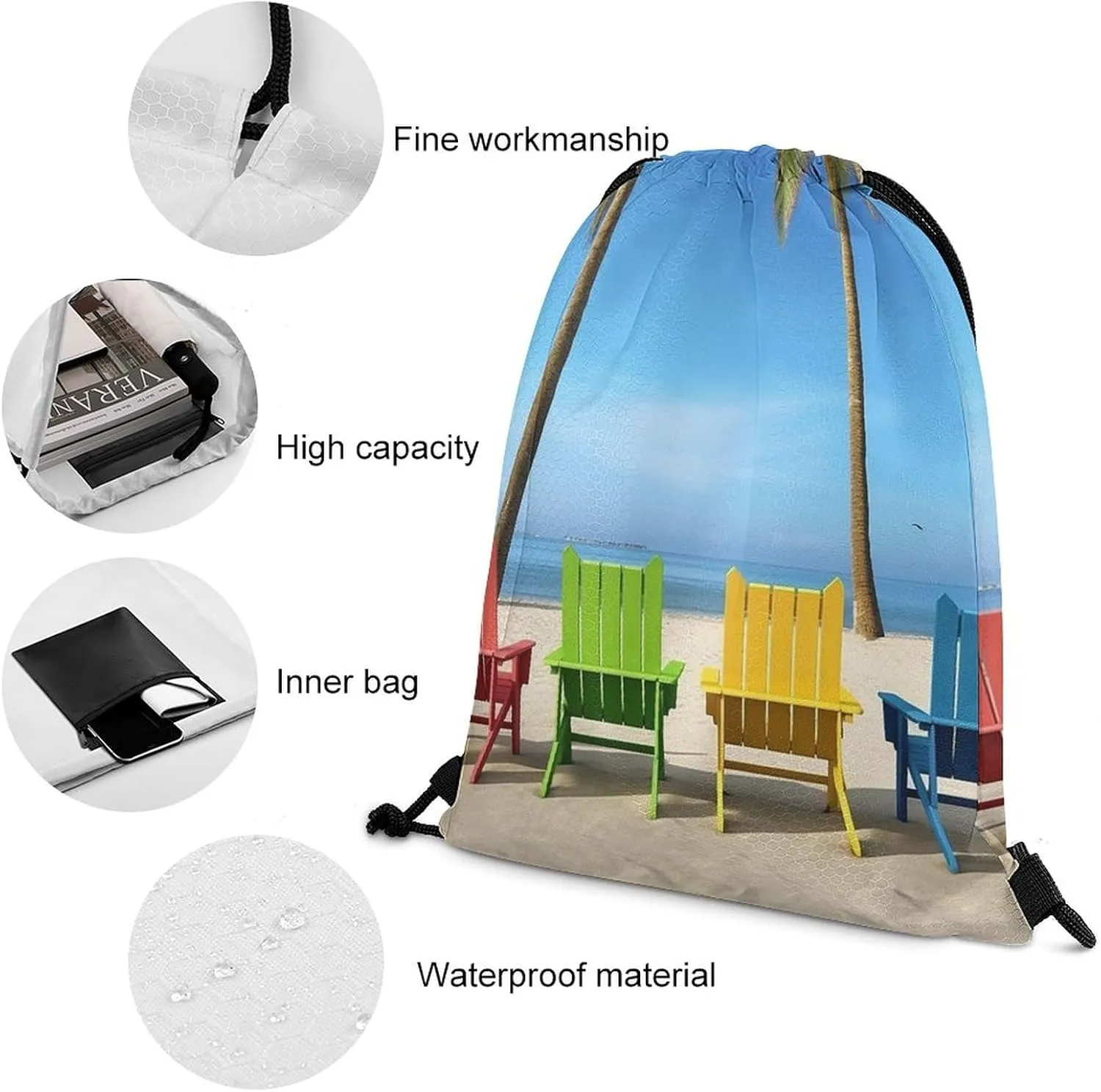 Drawstring Backpack Sport Gym Bag Water Resistant Sackpack Colorful Chairs Palm Tree Cinch Bag String Bag for Outdoor, 35*42cm
