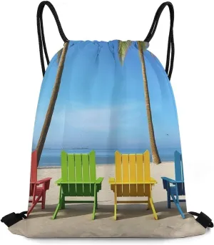 Drawstring Backpack Sport Gym Bag Water Resistant Sackpack Colorful Chairs Palm Tree Cinch Bag String Bag for Outdoor, 35*42cm