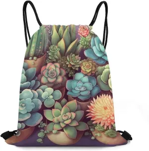 Drawstring Backpack Sport Gym Bag Water Resistant Sackpack Cute Succulents Cinch Bag String Bag for Outdoor, 35*42cm