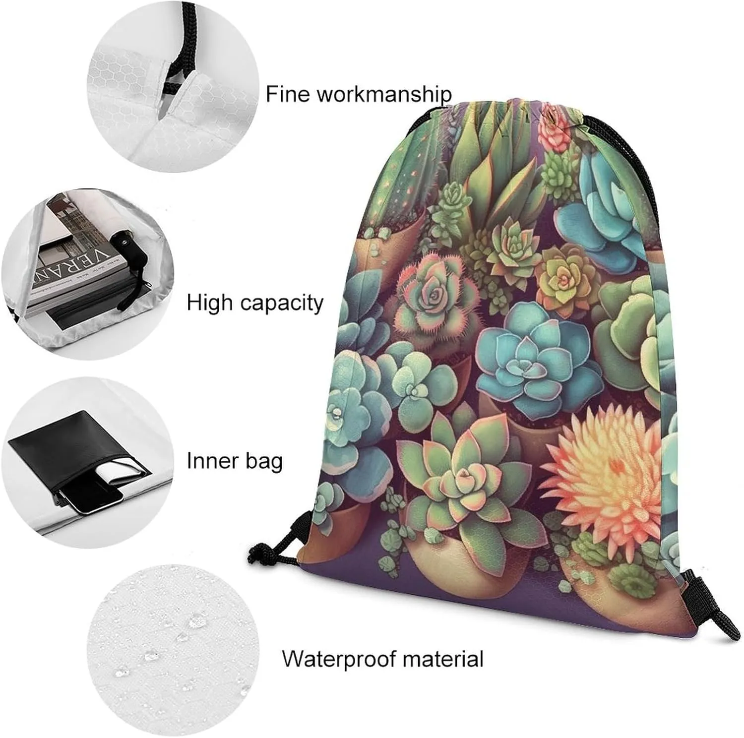 Drawstring Backpack Sport Gym Bag Water Resistant Sackpack Cute Succulents Cinch Bag String Bag for Outdoor, 35*42cm