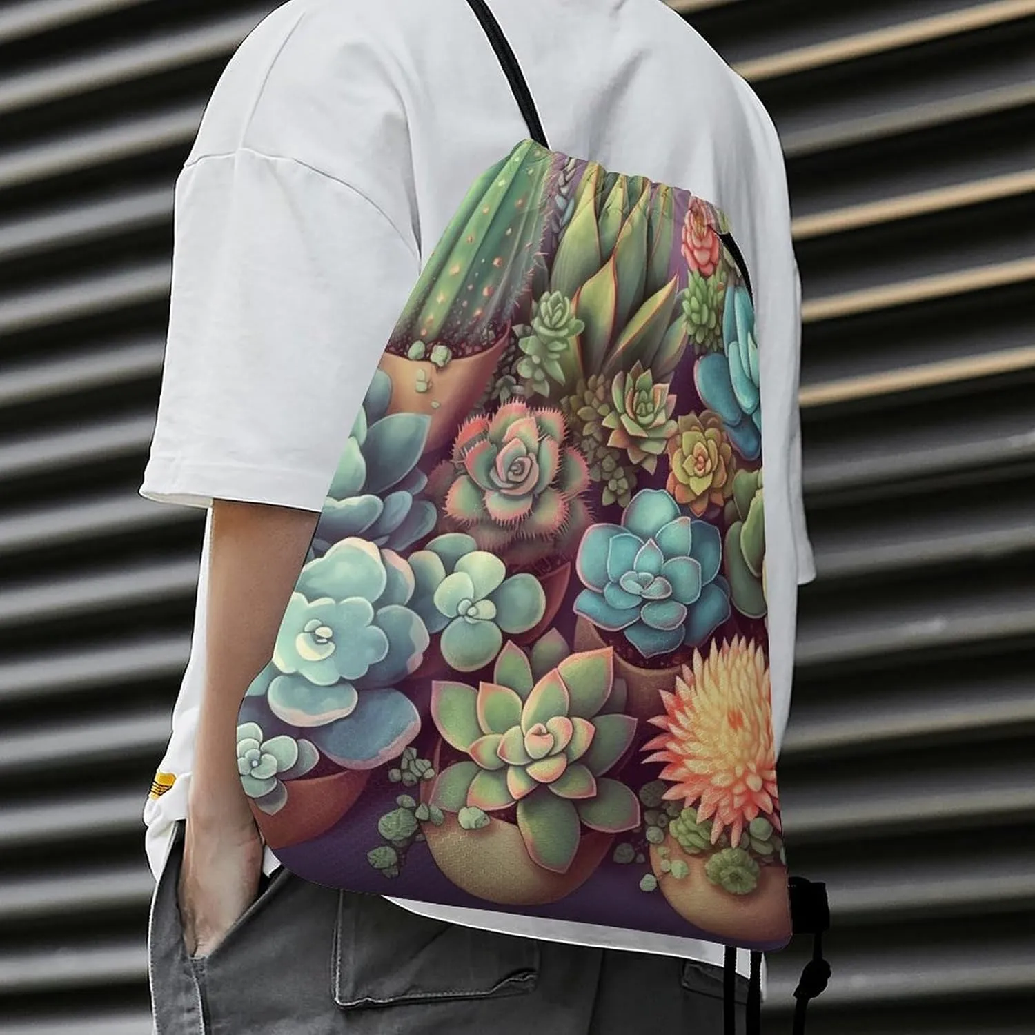 Drawstring Backpack Sport Gym Bag Water Resistant Sackpack Cute Succulents Cinch Bag String Bag for Outdoor, 35*42cm