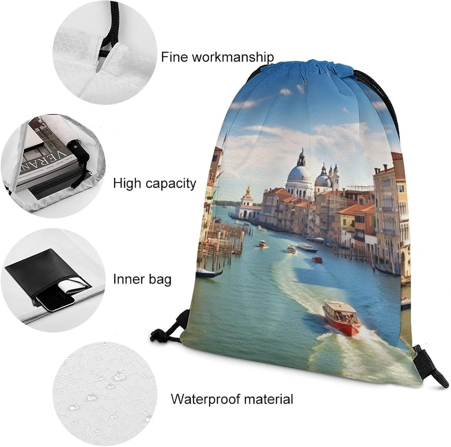 Drawstring Backpack Sport Gym Bag Water Resistant Sackpack Grand Canal in Italy Cinch Bag String Bag for Outdoor