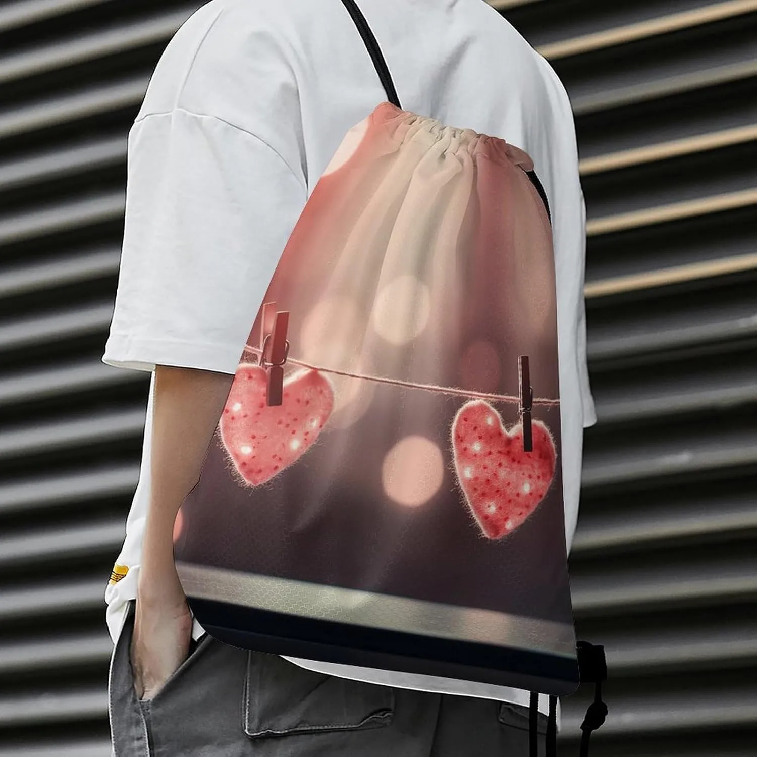 Drawstring Backpack Sport Gym Bag Water Resistant Sackpack Hanging Heart Shape Cinch Bag String Bag for Outdoor, 35*42cm
