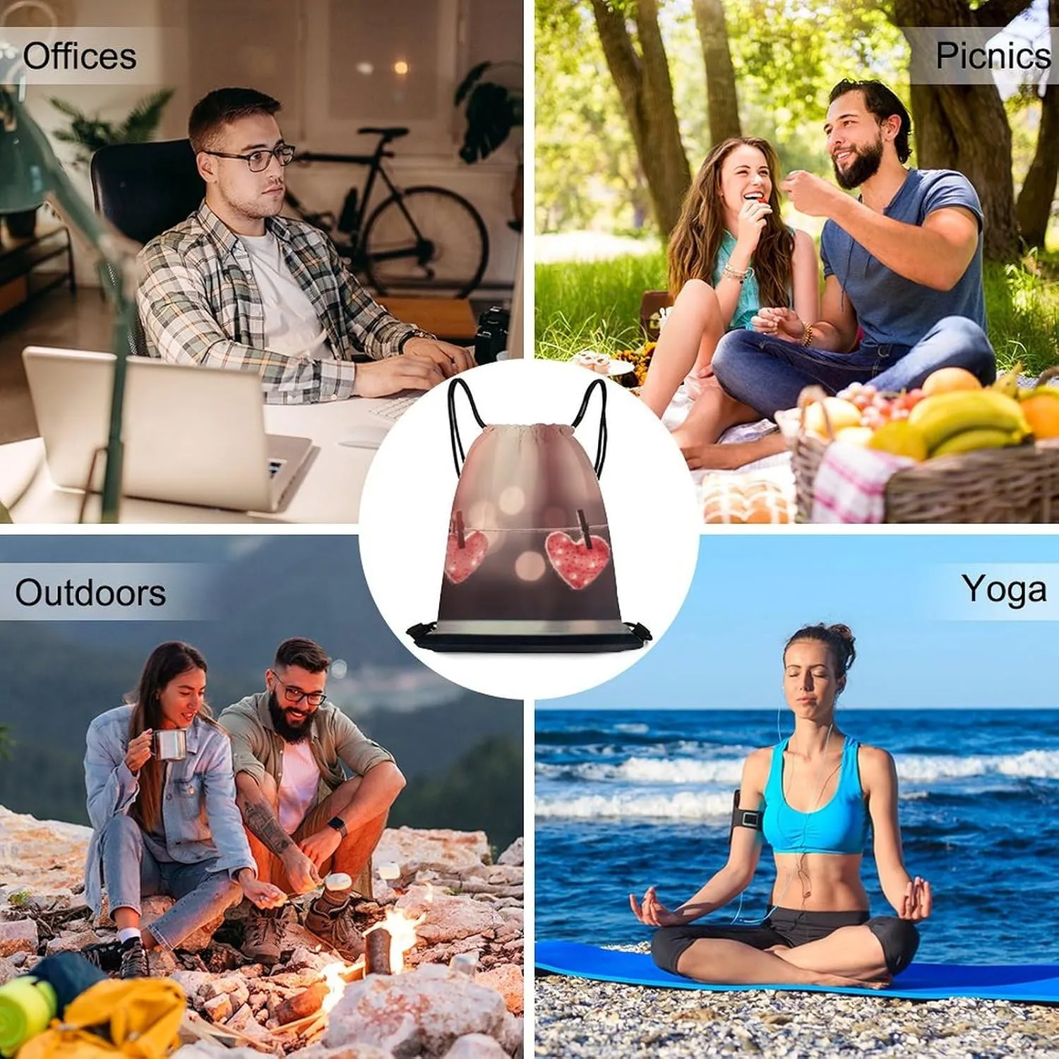 Drawstring Backpack Sport Gym Bag Water Resistant Sackpack Hanging Heart Shape Cinch Bag String Bag for Outdoor, 35*42cm