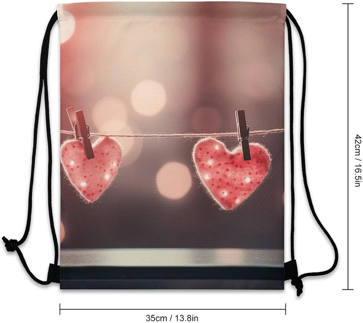 Drawstring Backpack Sport Gym Bag Water Resistant Sackpack Hanging Heart Shape Cinch Bag String Bag for Outdoor, 35*42cm